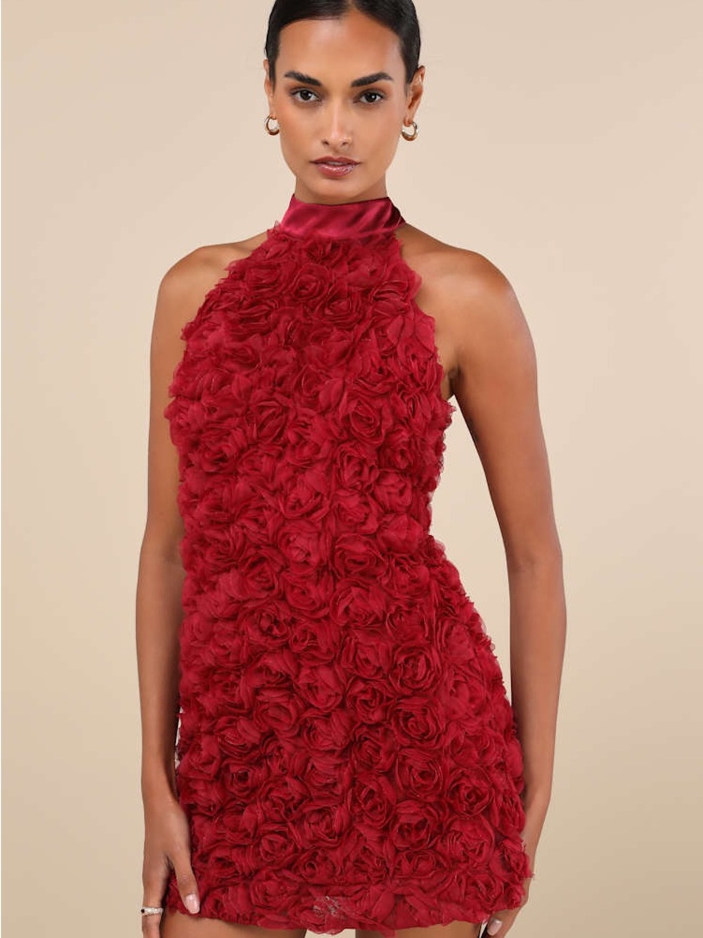 NWT Lulu's Wine Red Rose Applique Halter Mini Dress